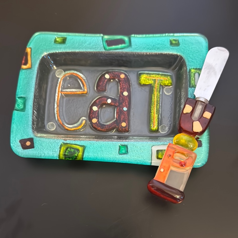 Colorful Glass Serving Dish with Knife